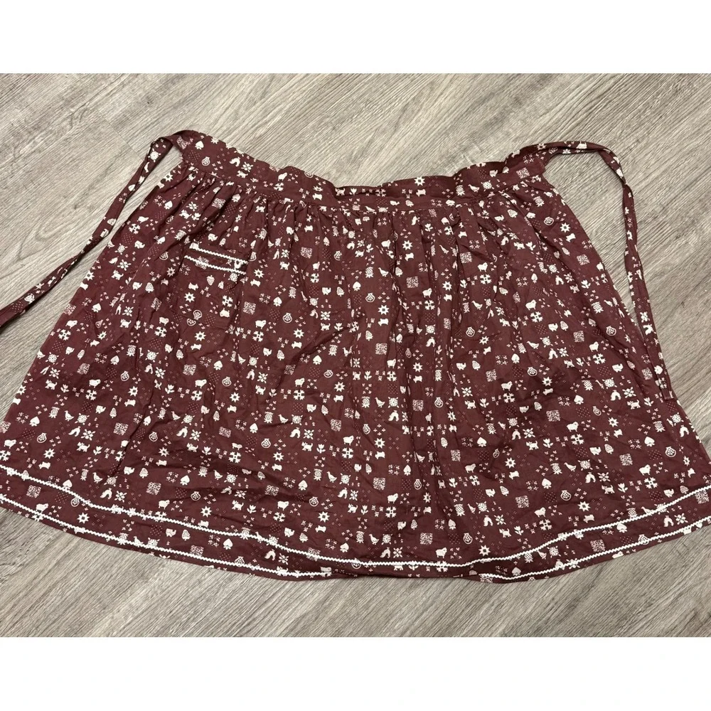 Vintage Brown Folk Art Animal Print Cotton Half Apron with‎ Ric Rac Trim Pocket